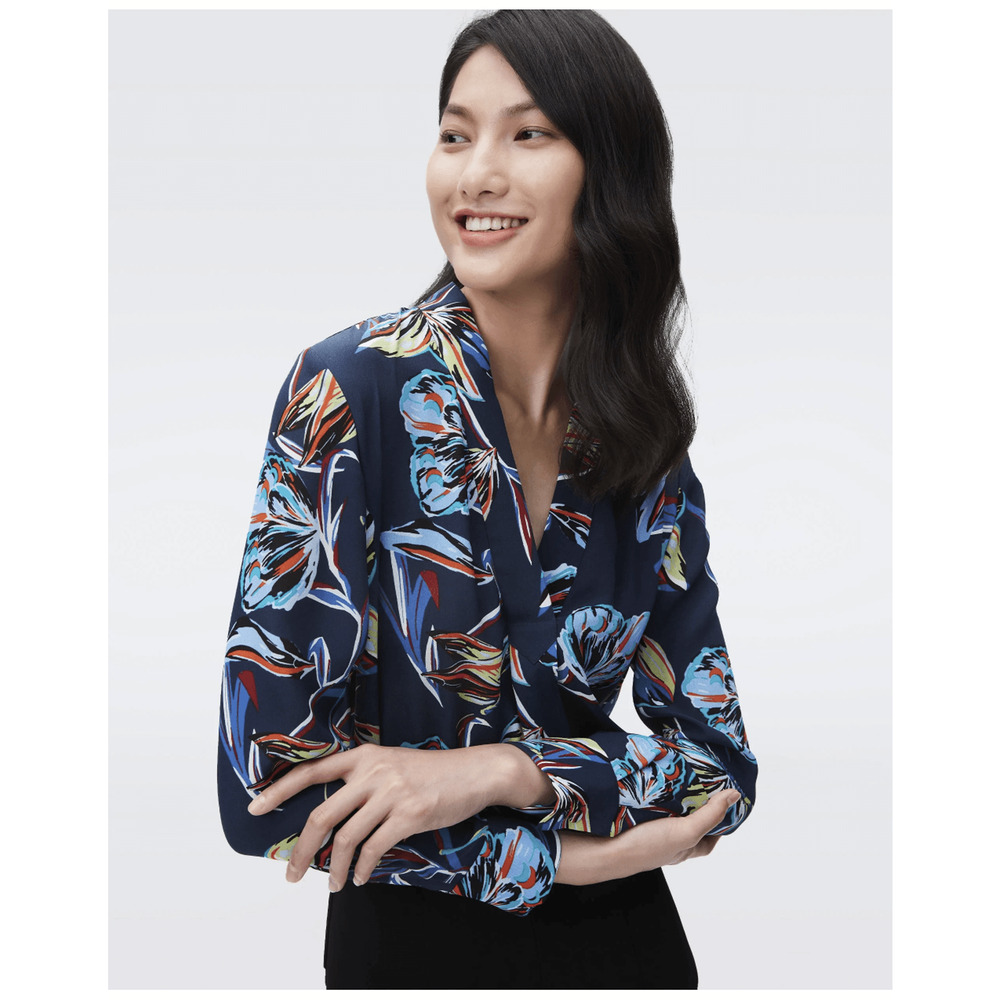 Diane von Furstenberg Silk Blend Sanorah Butterfly Blouse LS DVF Shirt Size 14 - Picture 2 of 16
